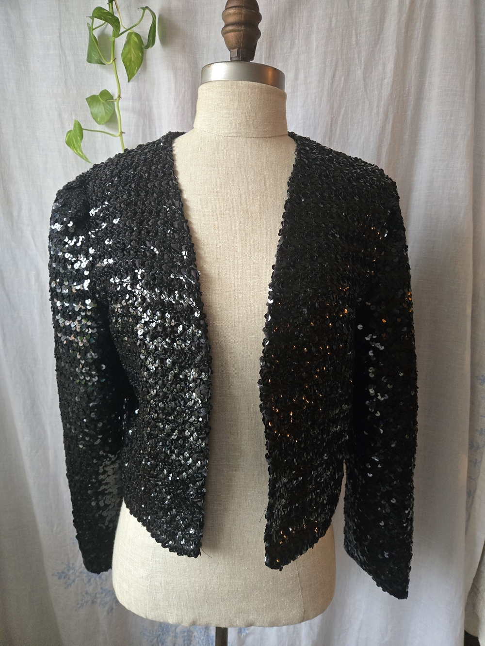 Vintage Caron Women's Black Sequin Open-Front Blazer